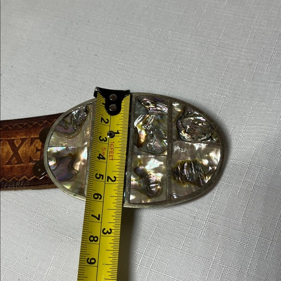 Leather Tooled belt, Abalone inlayed buckle, Mexico - Picture 8 of 11